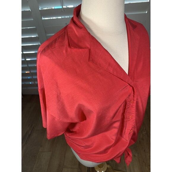 Vtg 70s Lehigh Red Button Up Blouse L/XL Tie Waist Collared Band Classic Retro - Picture 9 of 11